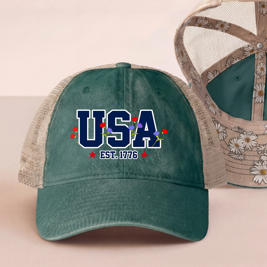 Embroidered USA Flag Floral Trucker Hat