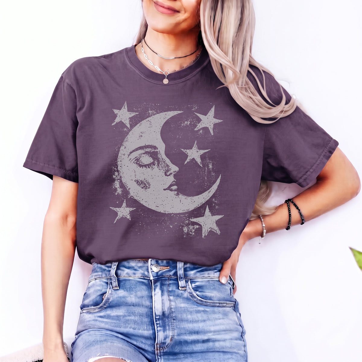 Celestial Moon Stars vintage aesthetic crescent moon graphic top in grape