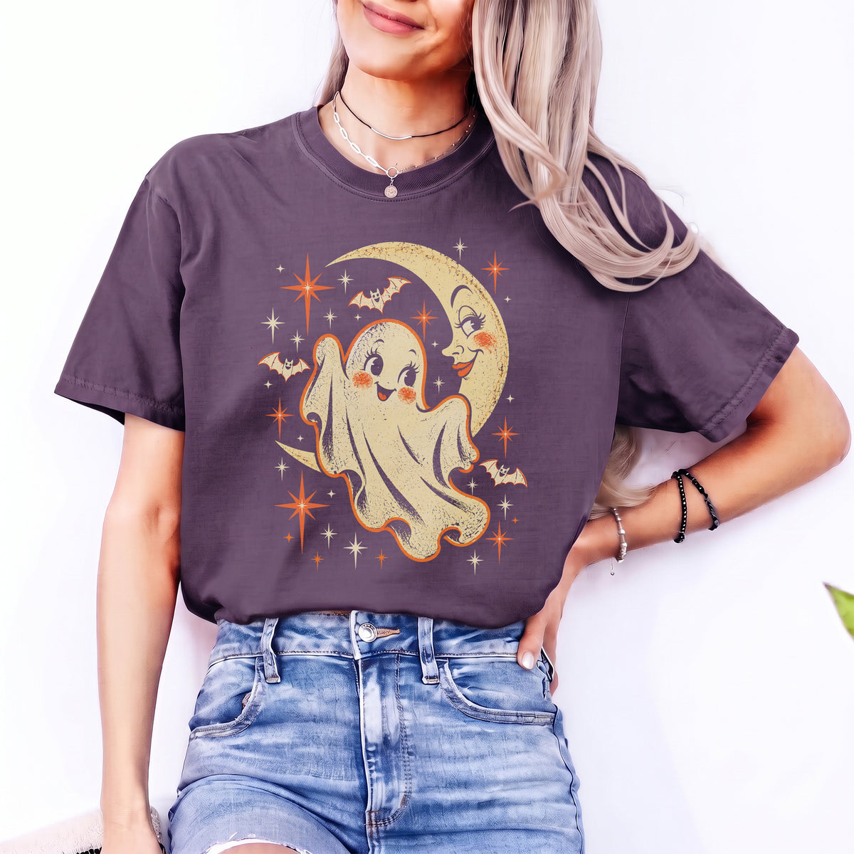 \"Retro-Gespenst und Mondsichel\" – Spooky-Celestial-Print-Top
