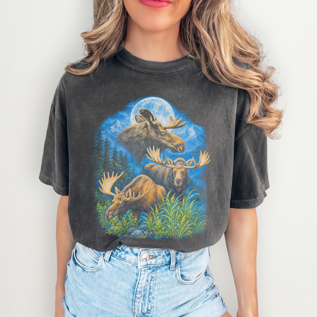 Rustic Moose Nature Graphic Tee in Graphite Front View