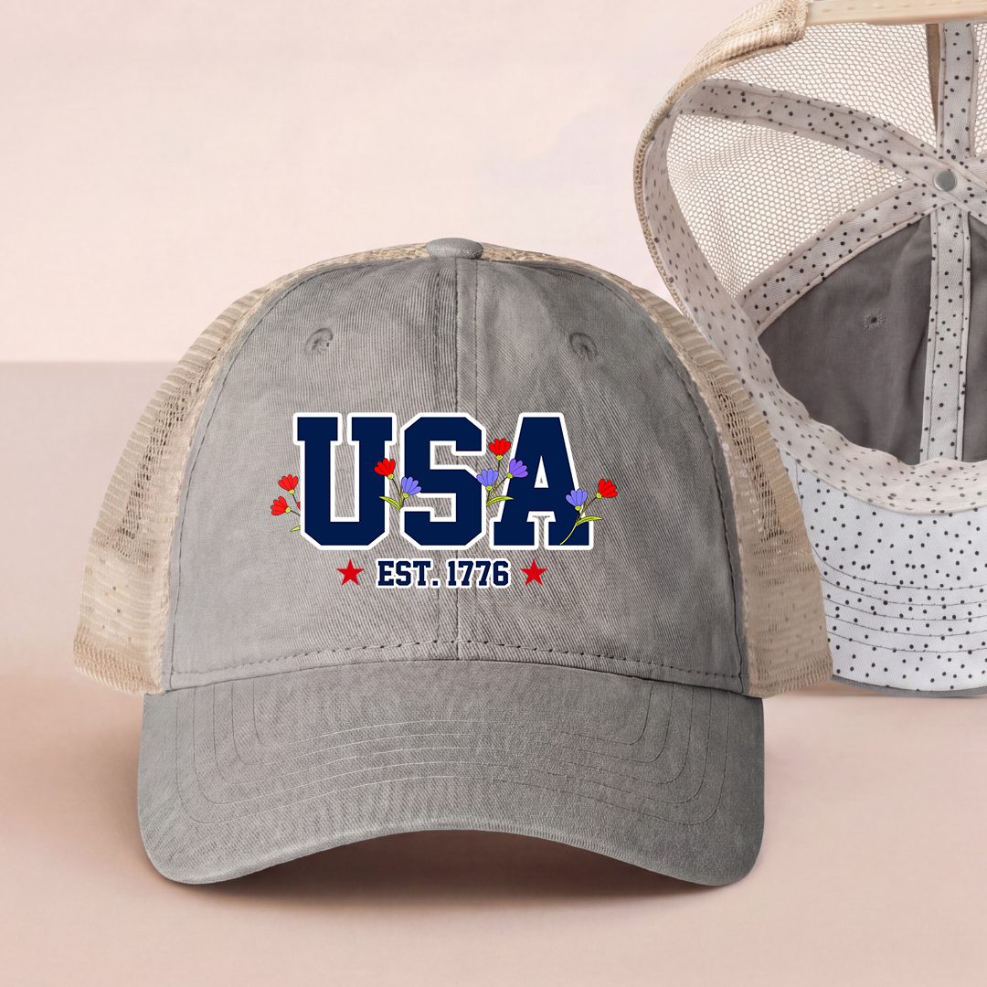 Embroidered USA Flag Floral Trucker Hat