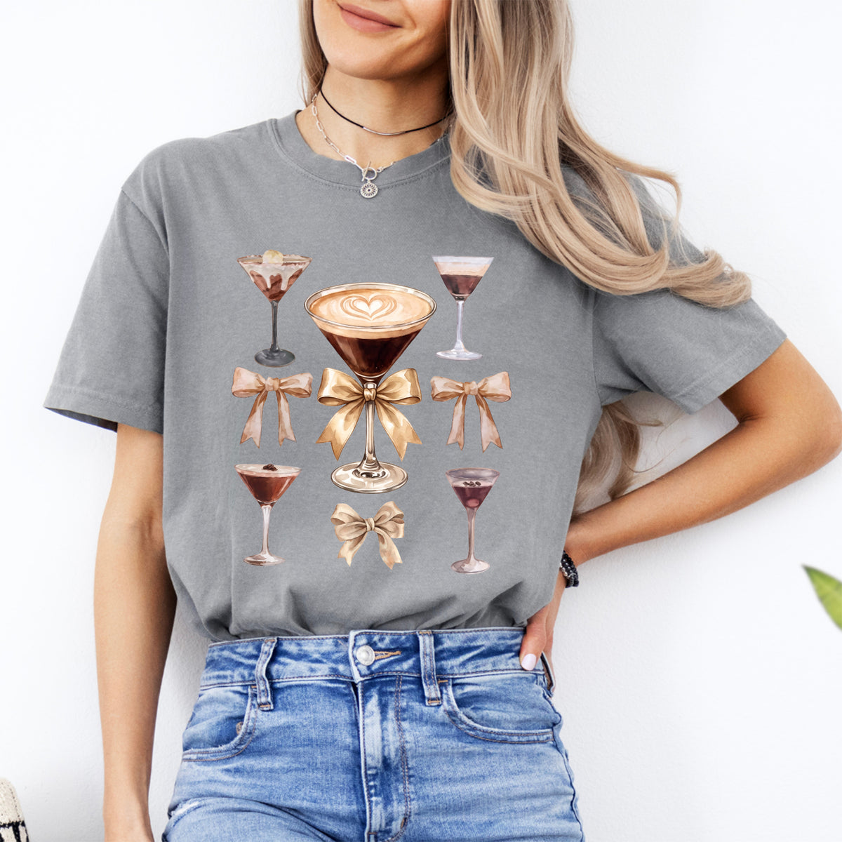 Espresso Martini Coquette Bows Graphic Top – Trendy Cocktail Casual Shirt