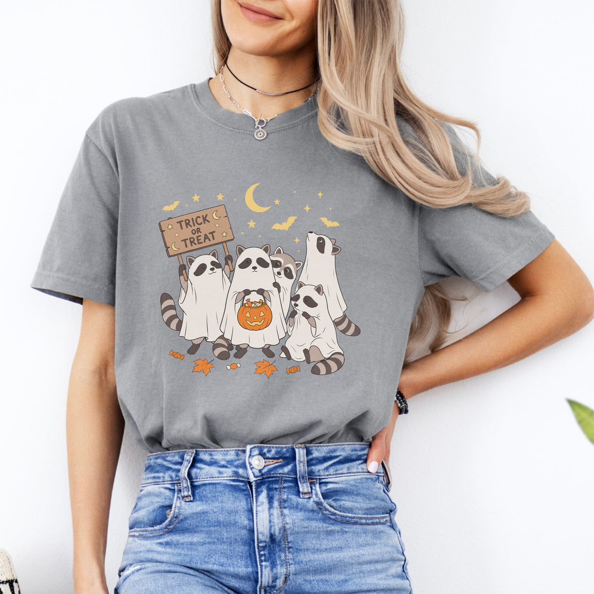 Cute Raccoon Trick Or Treat funny Halloween graphic tee in gray