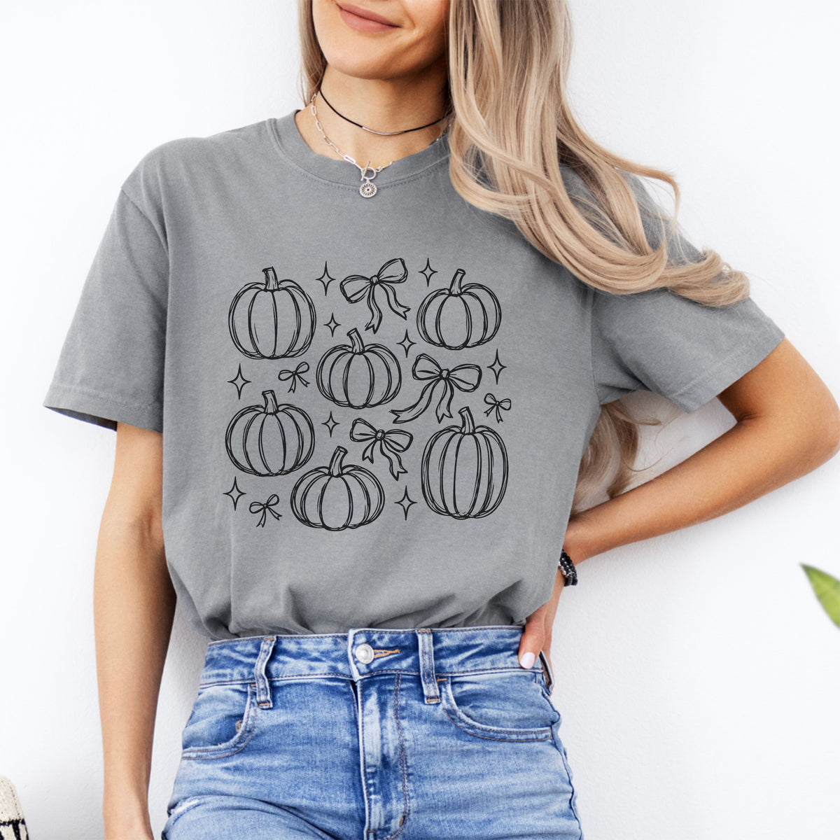 Pumpkins And Bows cute retro graphic top in grey