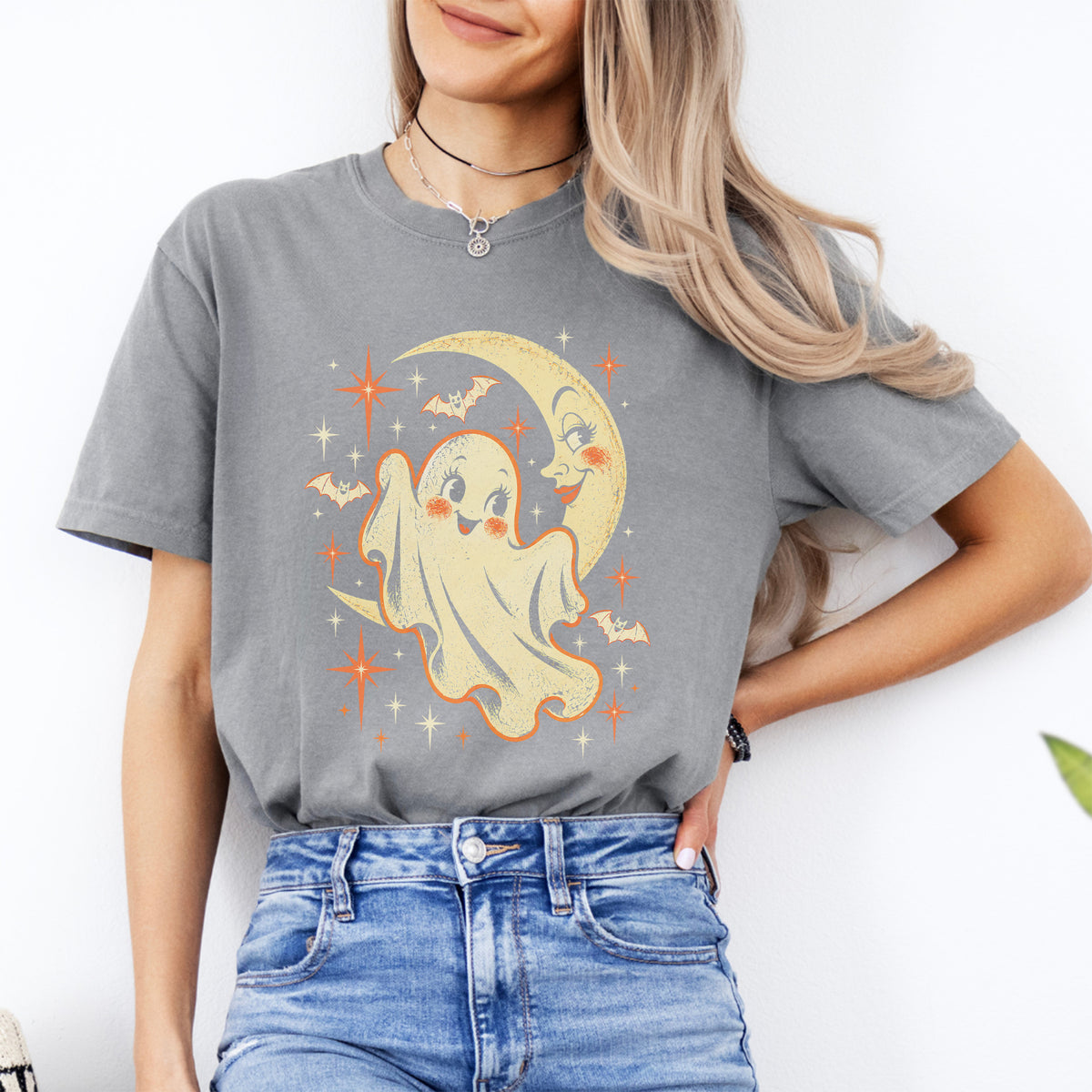 \"Retro-Gespenst und Mondsichel\" – Spooky-Celestial-Print-Top