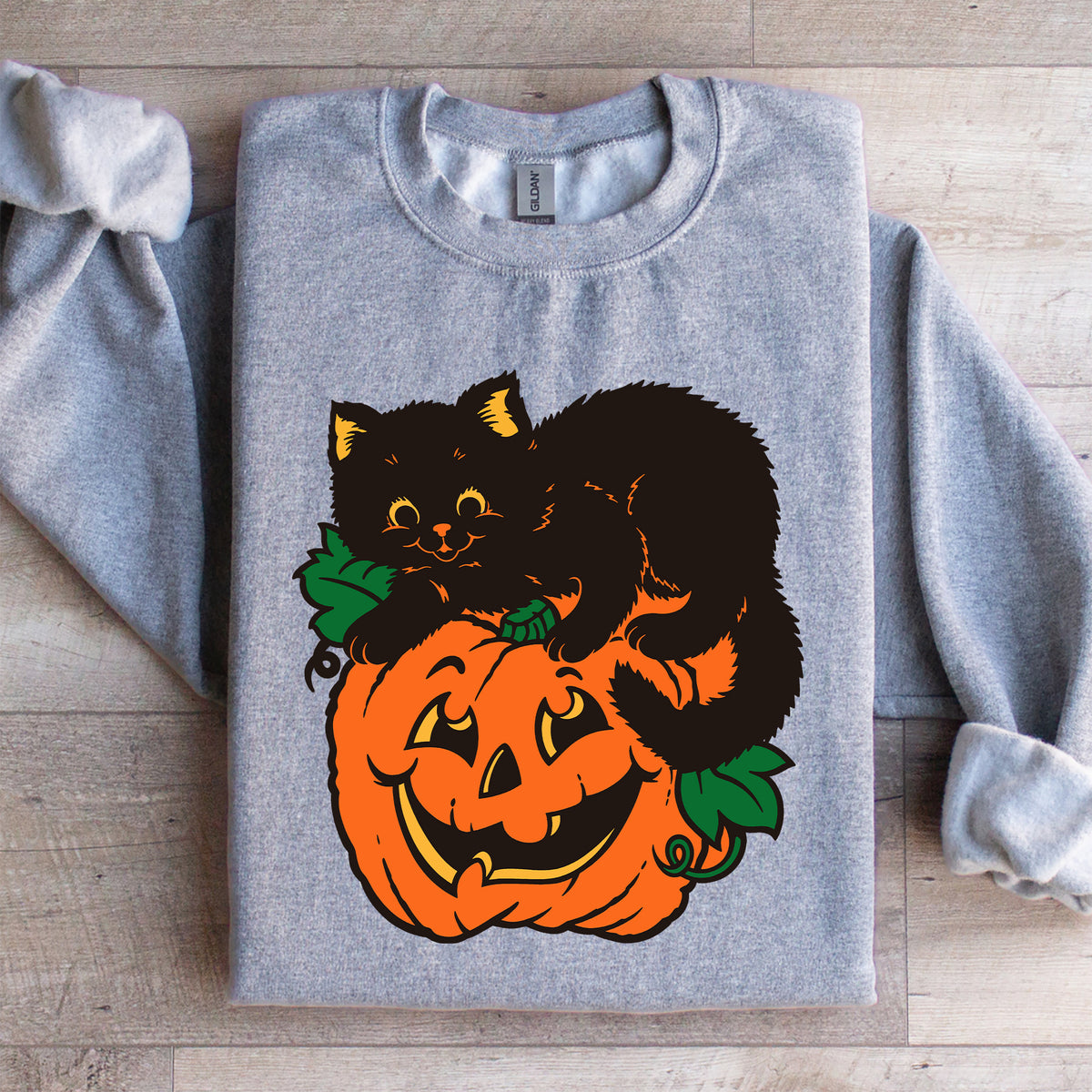 Vintage-Schwarzer-Kater-Kürbis-Sweatshirt