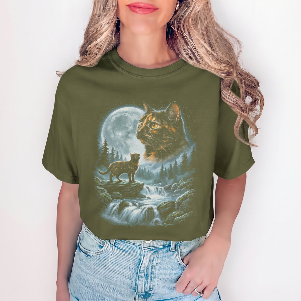 Tortie Cat Mom Celestial Forest Graphic T-Shirt – Cat Howling To The Moon Tee