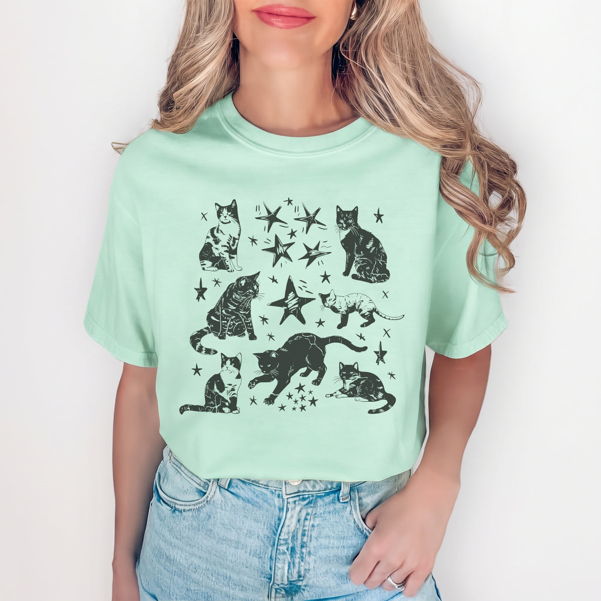 Vintage-T-Shirt mit Katzen-Sternmotiv