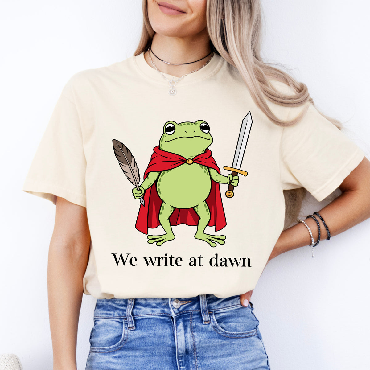 "We Write at Dawn" Author Warrior Frog Writer Graphic Tee