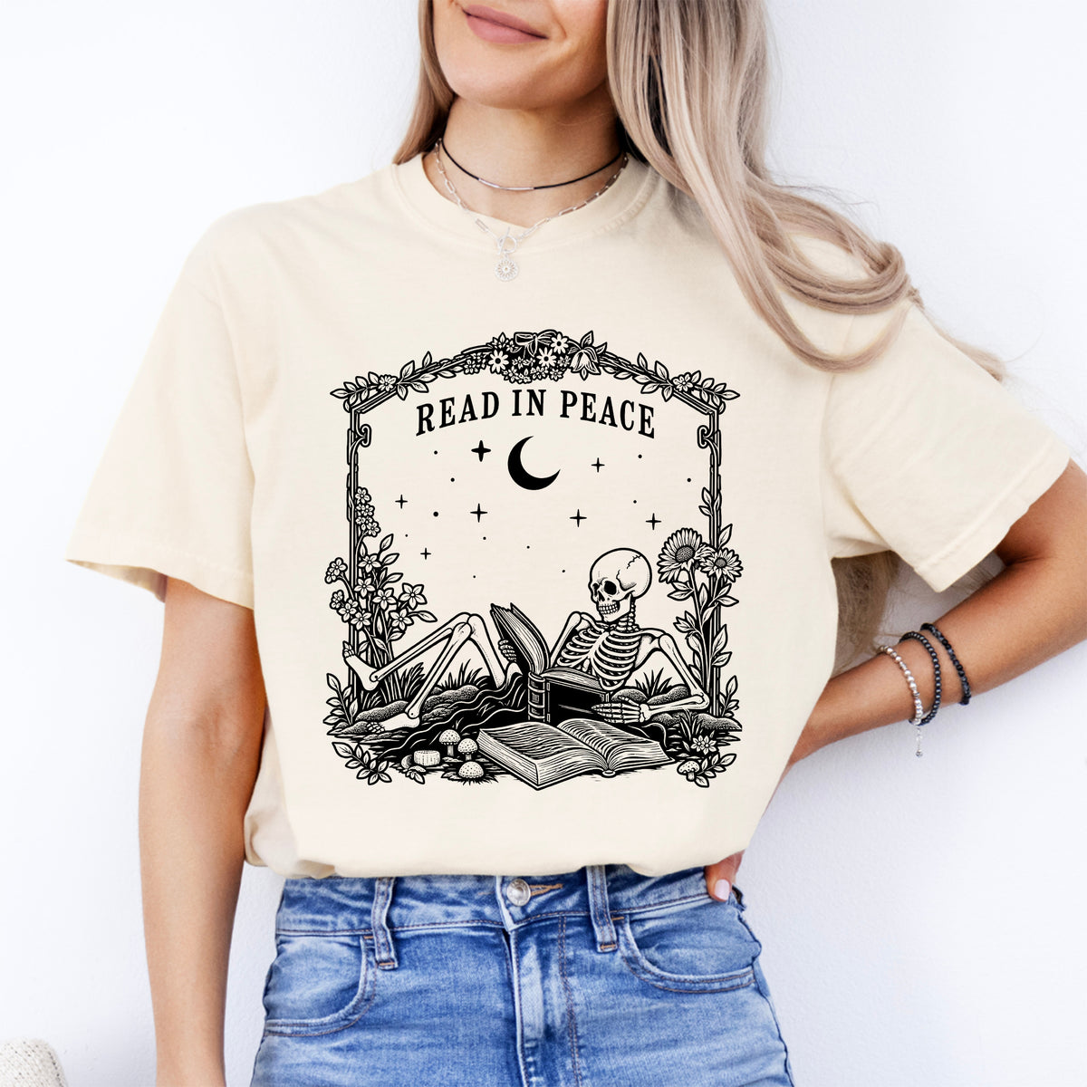 Camiseta de lectura con esqueleto «Read in Peace»