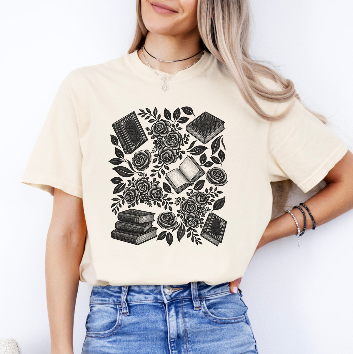 Linocut Books And Flowers Tee