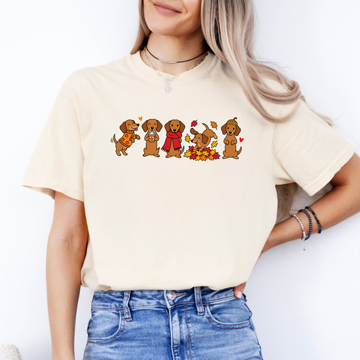Autumn Dachshund Lineup Graphic Tee – Fall Wiener Dog Shirt