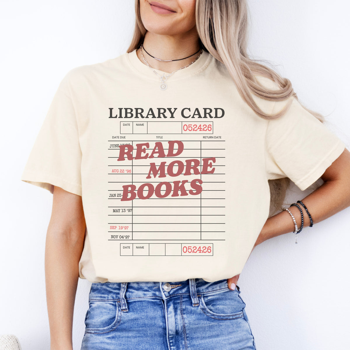 Read More Books Library Card Graphic Tee in ivory with vintage date stamps