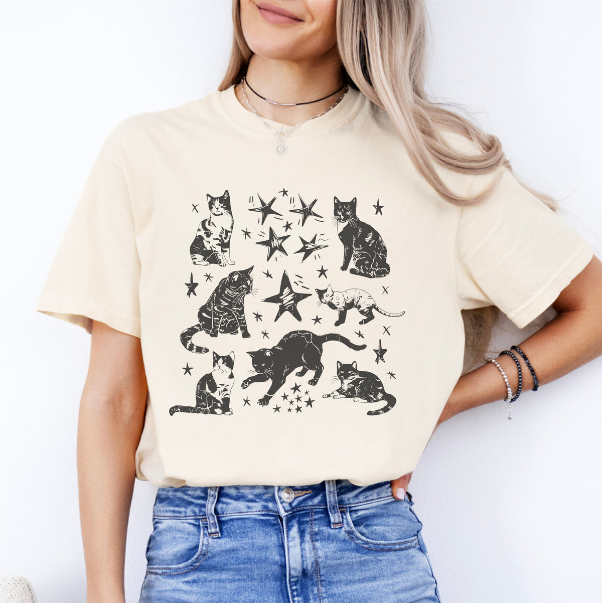 Vintage-T-Shirt mit Katzen-Sternmotiv
