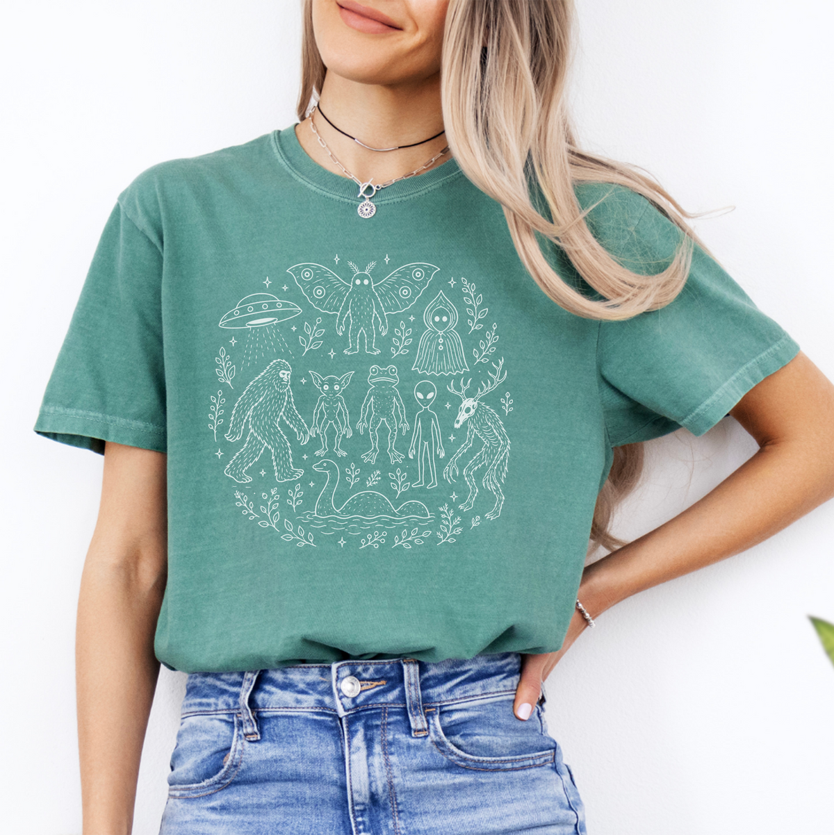 Cryptid Forest Squad Graphic Casual Shirt – Bigfoot Mothman Folklore Top