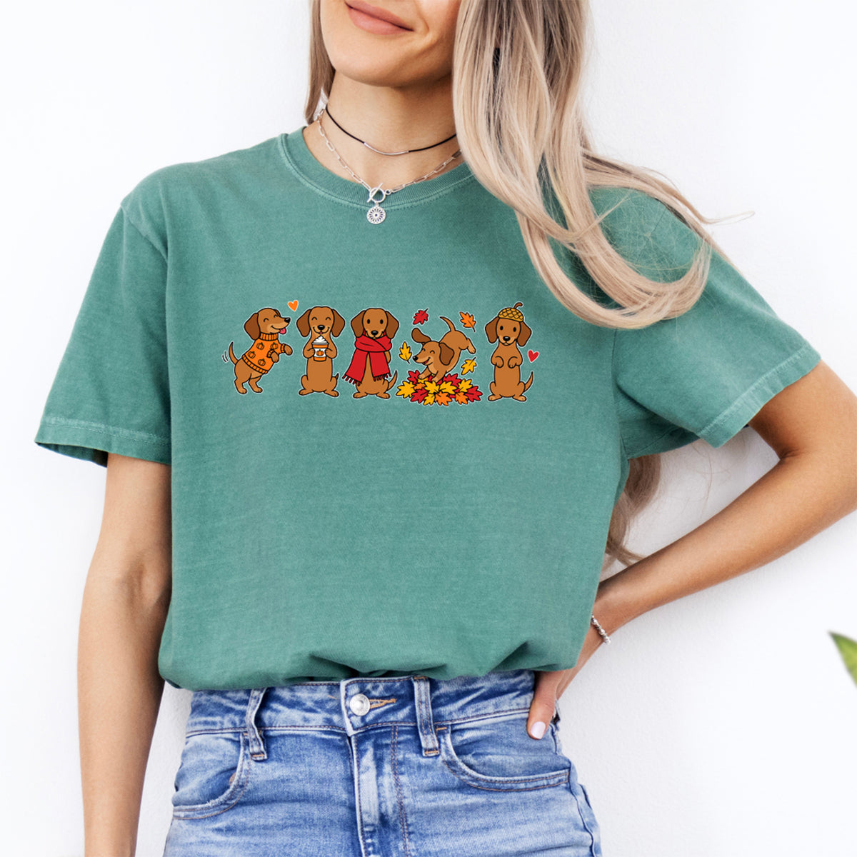 Autumn Dachshund Lineup Graphic Tee – Fall Wiener Dog Shirt