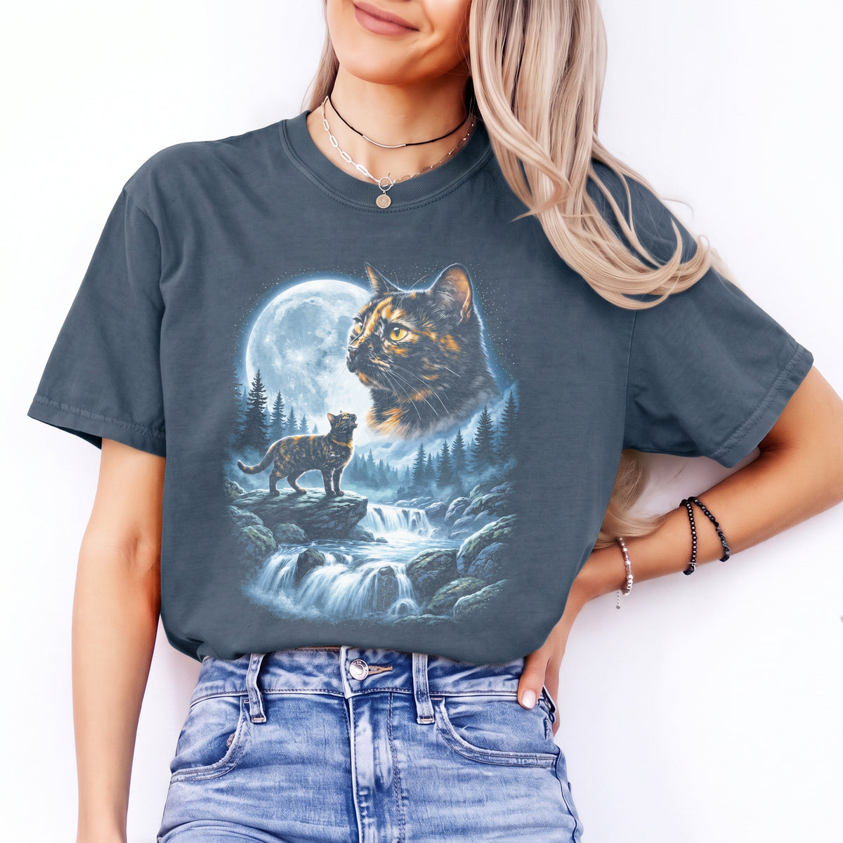 Tortie Cat Mom Celestial Forest Graphic T-Shirt – Cat Howling To The Moon Tee