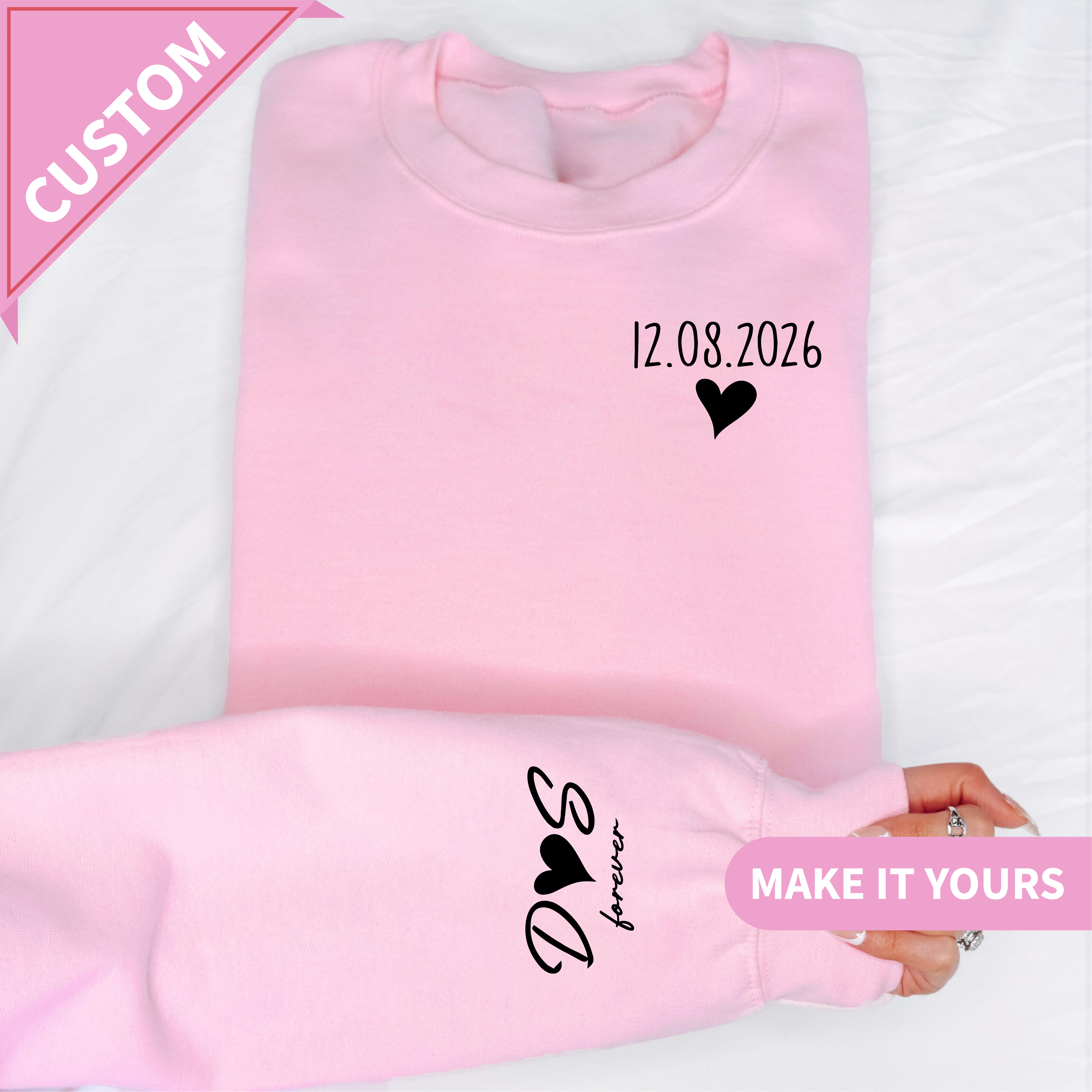 Personalized Couple Sweatshirt with Custom Date & Initials on Sleeve