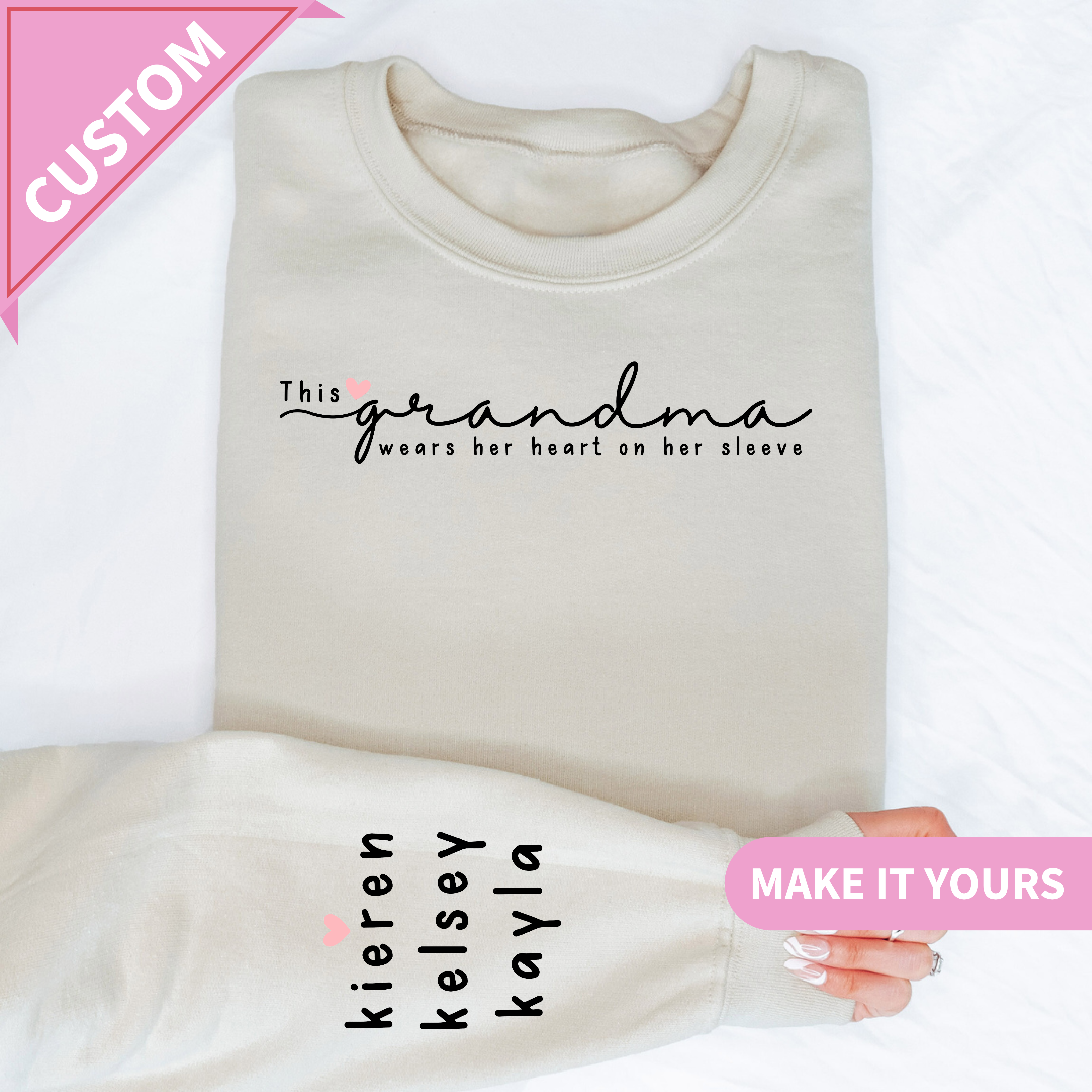 Custom Grandma Hearts on Sleeve Sweatshirt