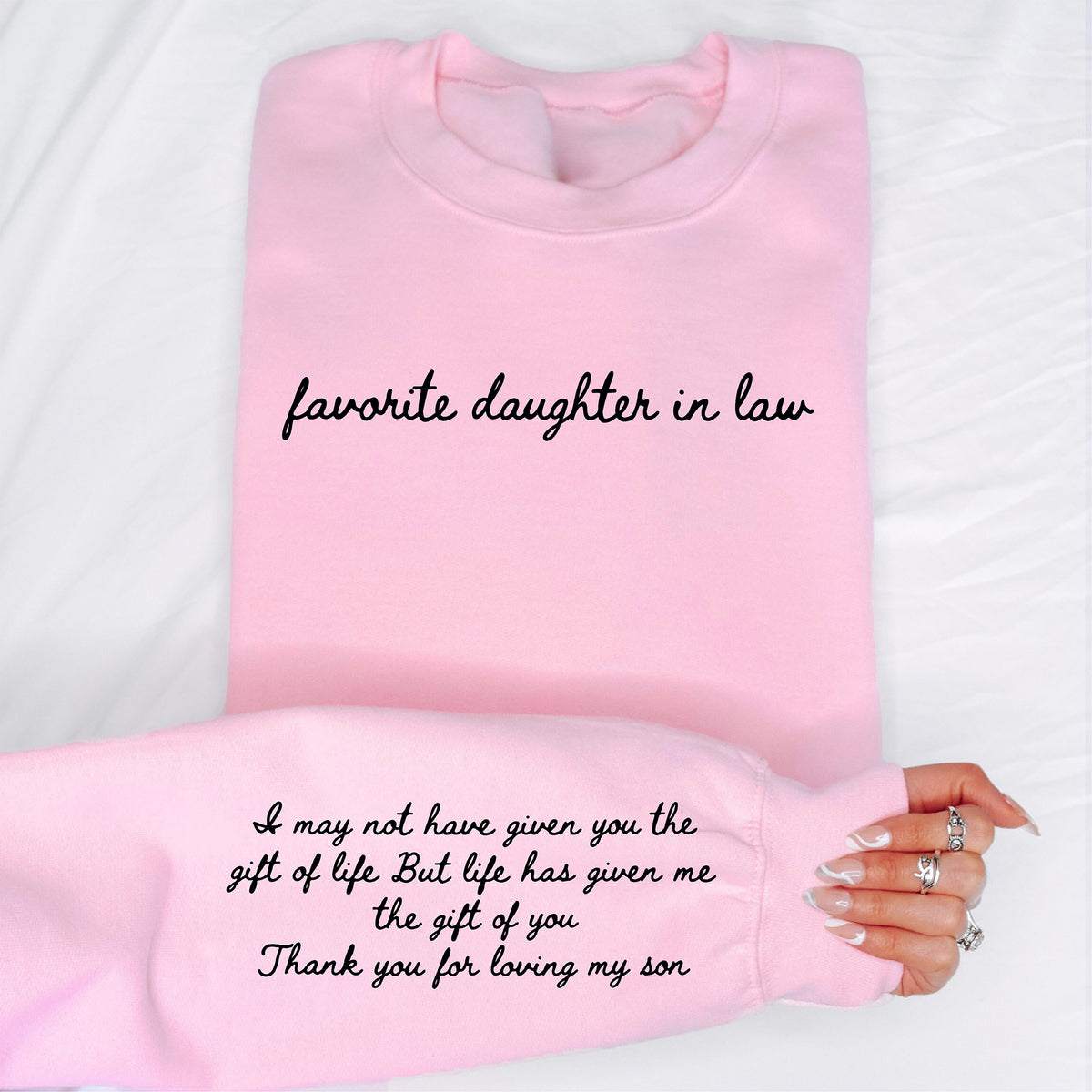 Favorite Daughter-In-Law cozy sweatshirt in sand beige with bold minimalist typography