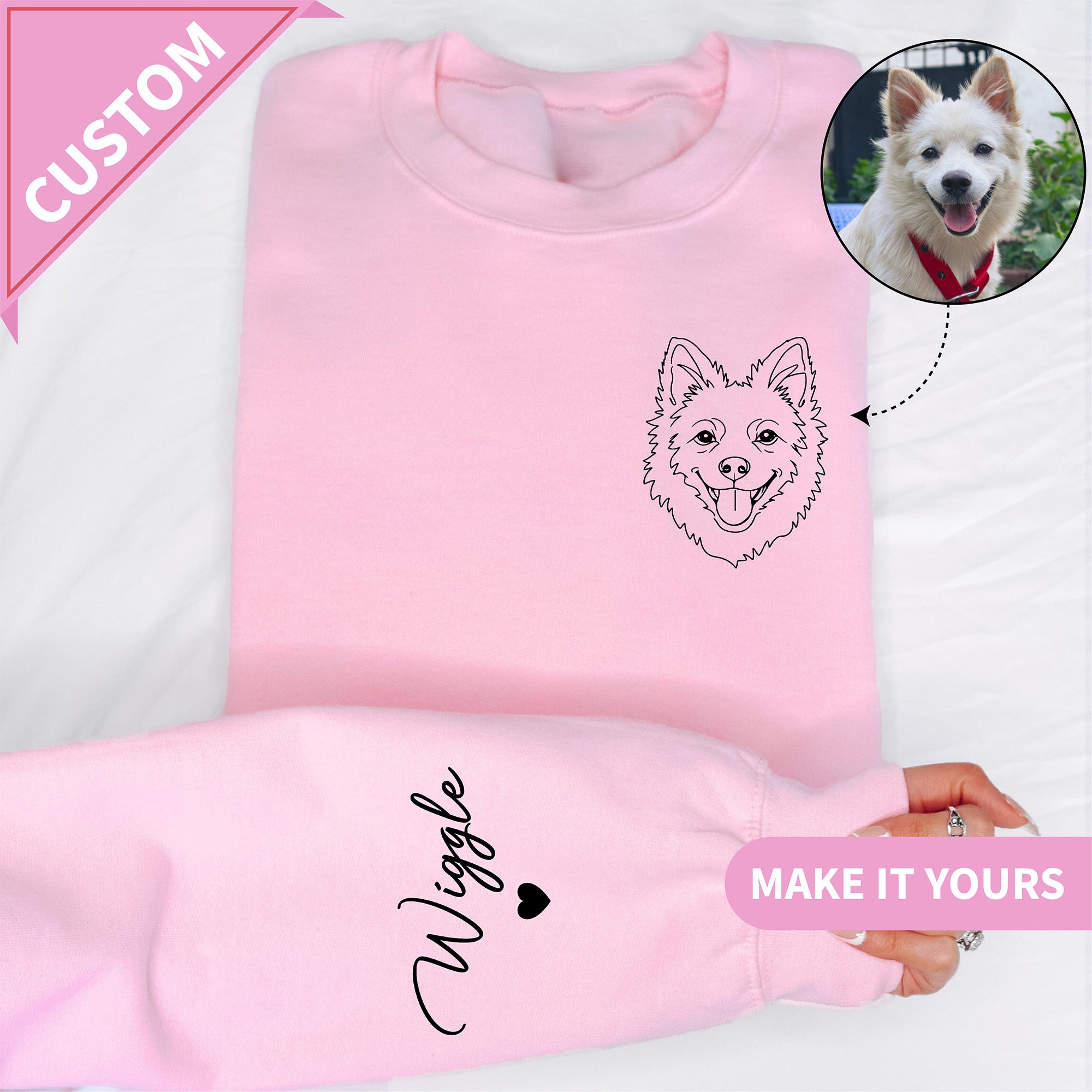 Personalisiertes Sweatshirt mit Lineart-Porträt eines Haustiers