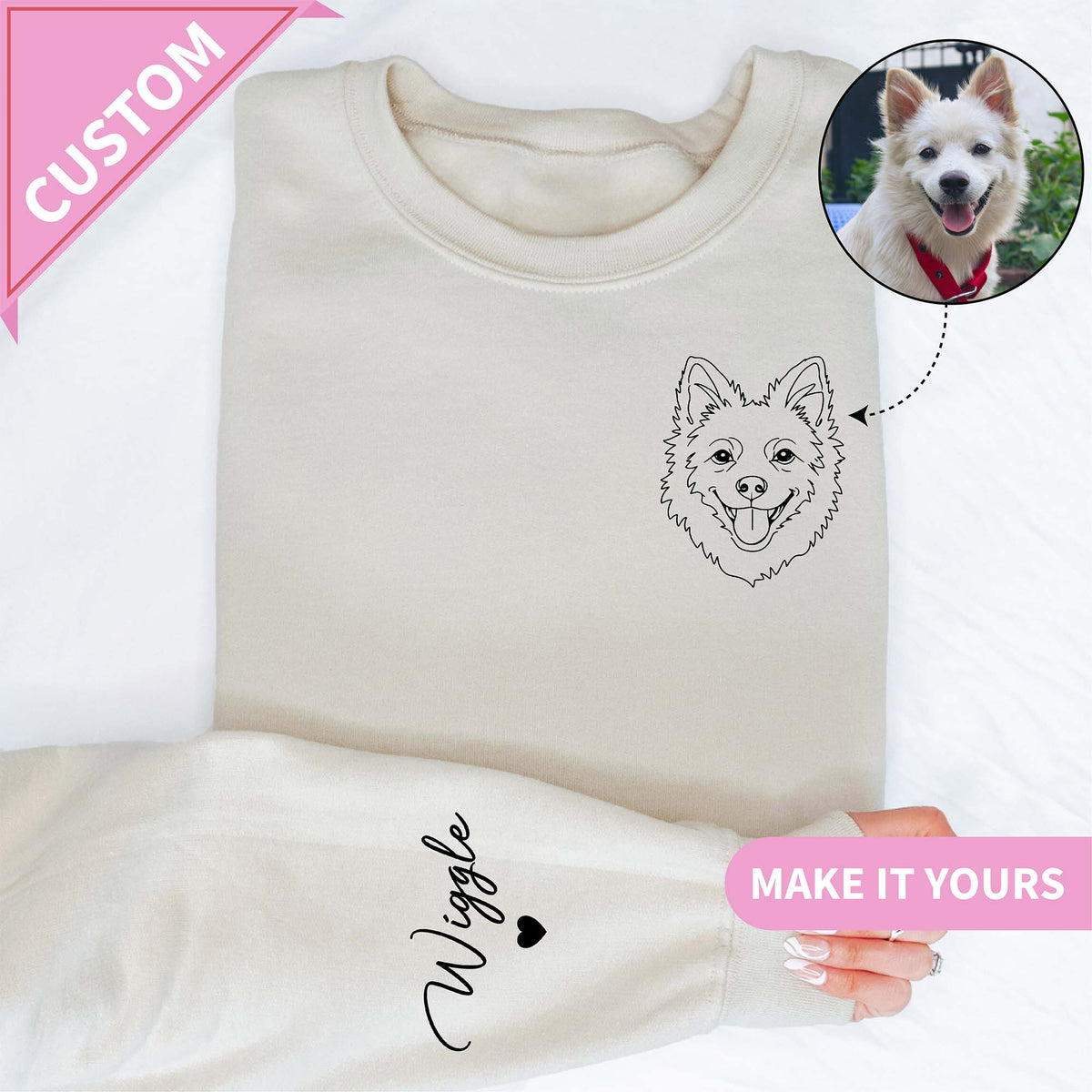 Personalisiertes Sweatshirt mit Lineart-Porträt eines Haustiers
