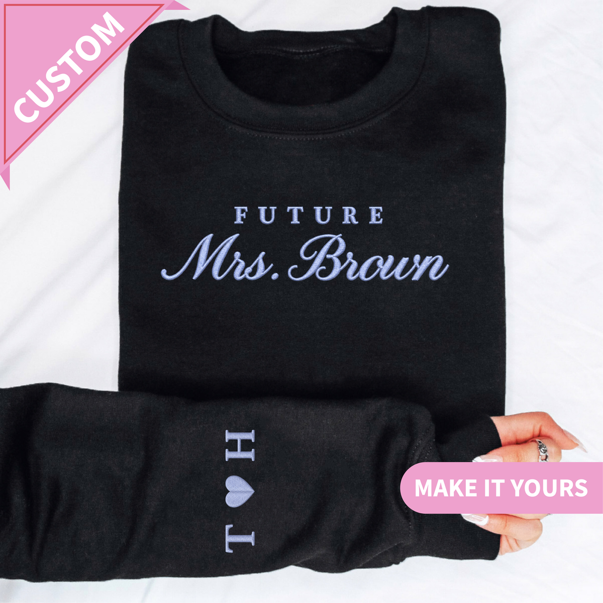 Personalized Future Mrs embroidered fleece pullover sweatshirt in white