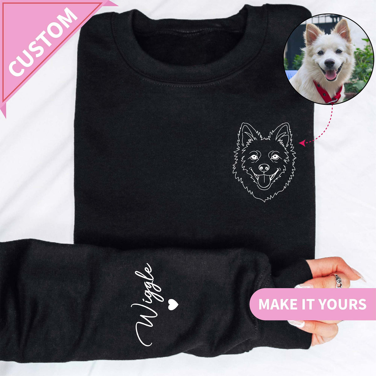 Personalisiertes Sweatshirt mit Lineart-Porträt eines Haustiers