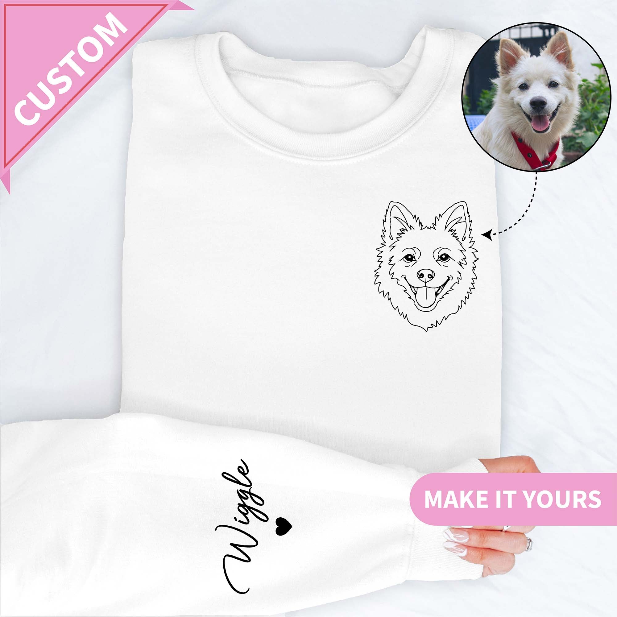 Personalisiertes Sweatshirt mit Lineart-Porträt eines Haustiers