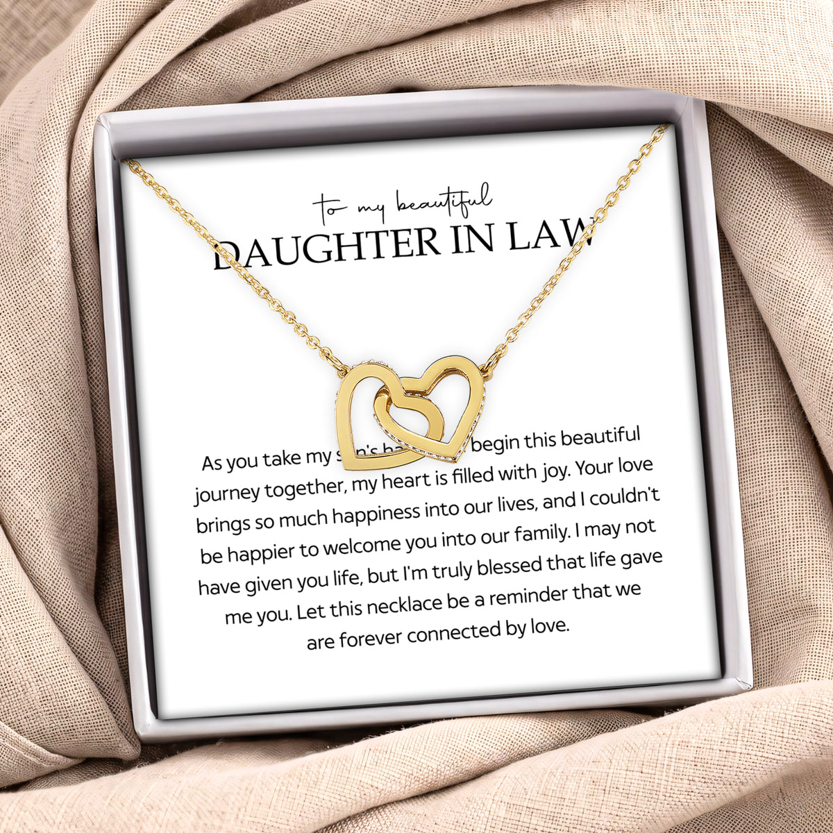 Gold interlocking hearts necklace for daughter in law in gift box with wedding welcome message card