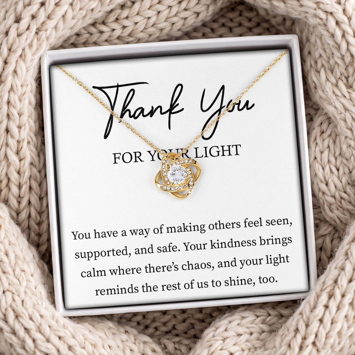 Gratitude Love Knot Pendant Necklace – "Thank You For Your Light"
