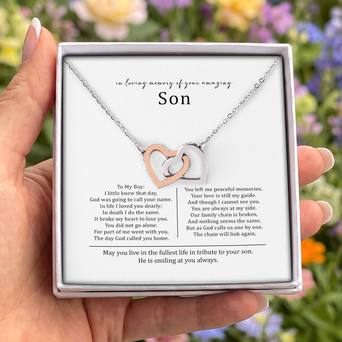 In Loving Memory Of Your Amazing Son memorial interlocking hearts necklace in gift box