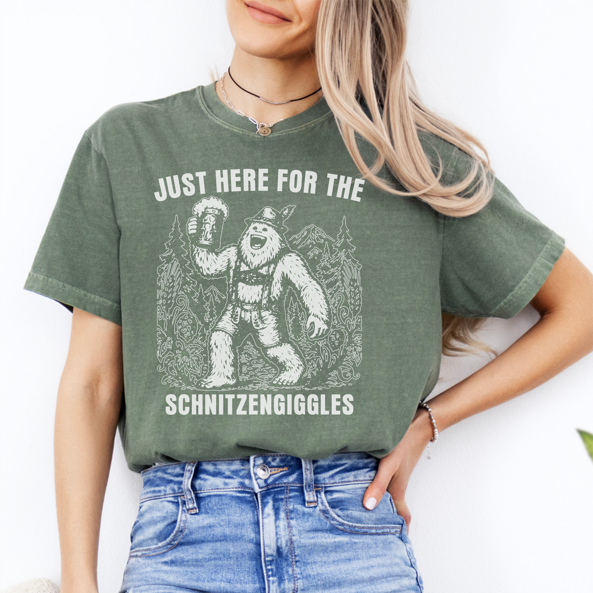 Oktoberfest Bigfoot Graphic Top – \"Just Here For The Schnitzengiggles\" Shirt