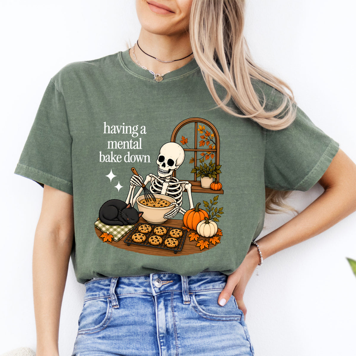 Grafik-T-Shirt mit Skelettbäcker „Having a Mental Bake Down“