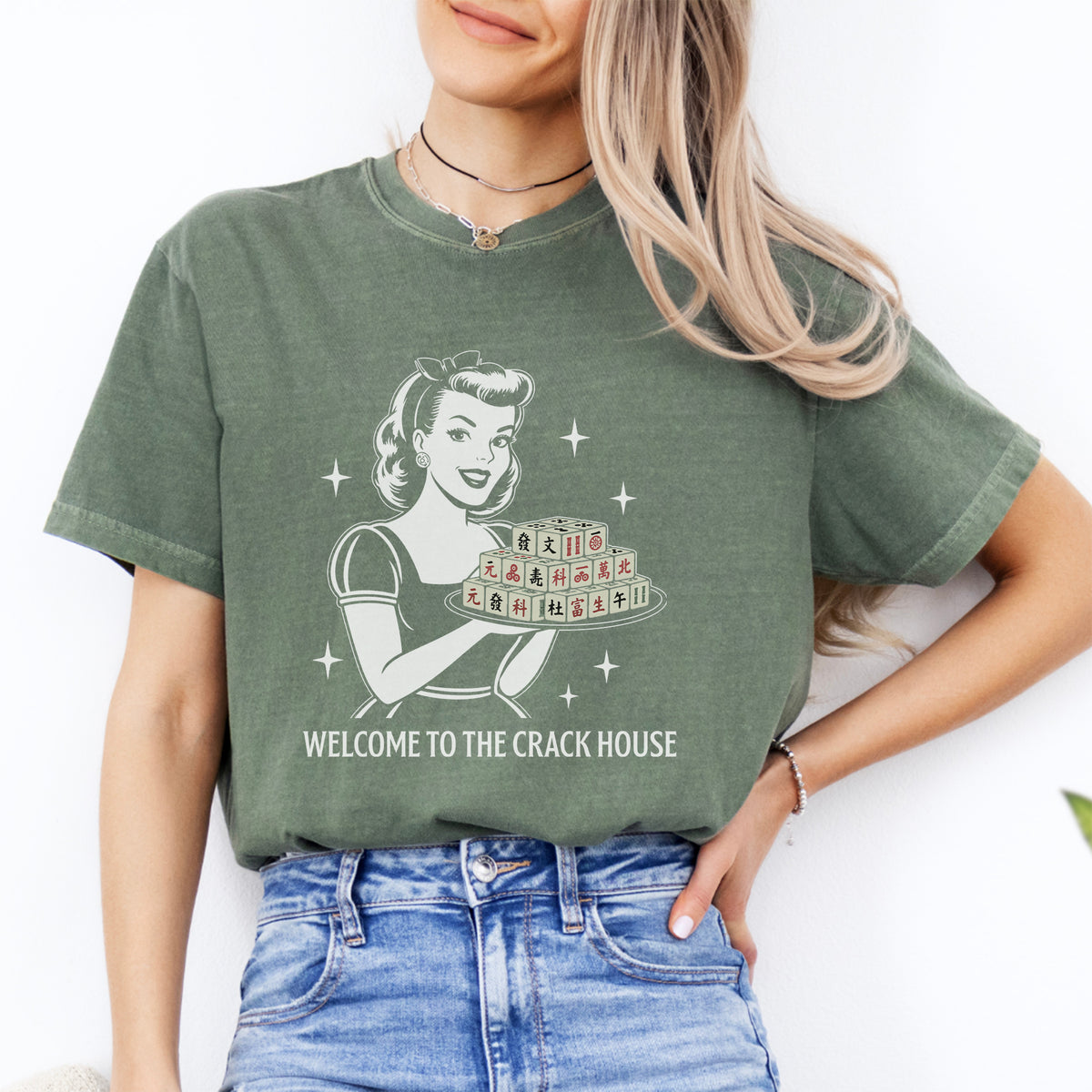 Vintage 1950s Mahjong Hostess Graphic Casual Shirt – "Welcome To The Crack House"