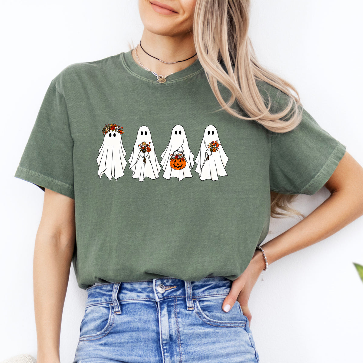 T-shirt graphique avec fantômes floraux et bouquet d’automne - T-shirt décontracté mignon et effrayant pour l’automne
