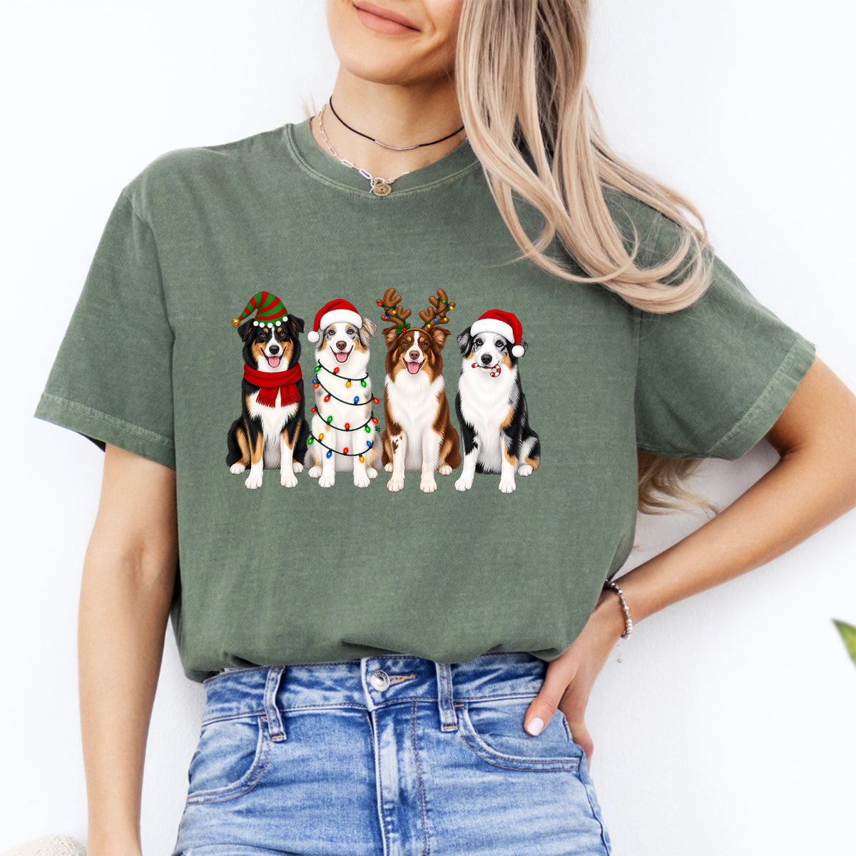 Holiday Australian Shepherds Lineup Graphic Tee – Festive Christmas Dogs Shirt