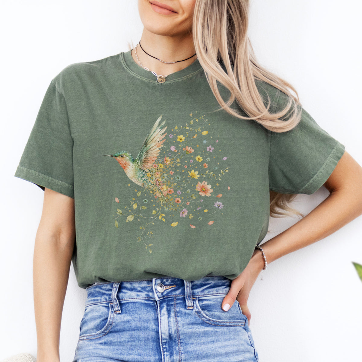 T-Shirt mit Kolibri und Wildblumen
