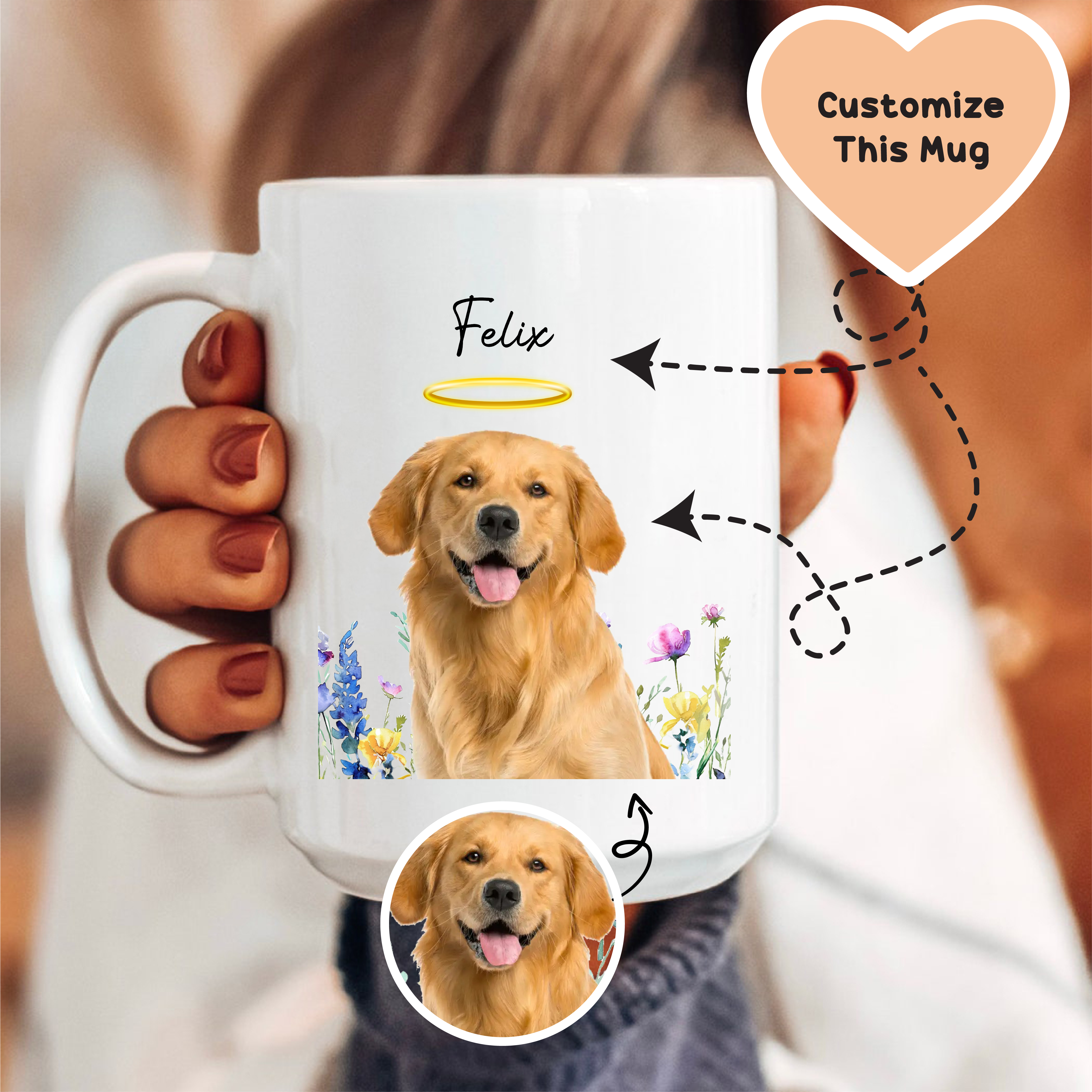 Custom Pet Memorial Dog Photo & Name With Floral Halo Mug