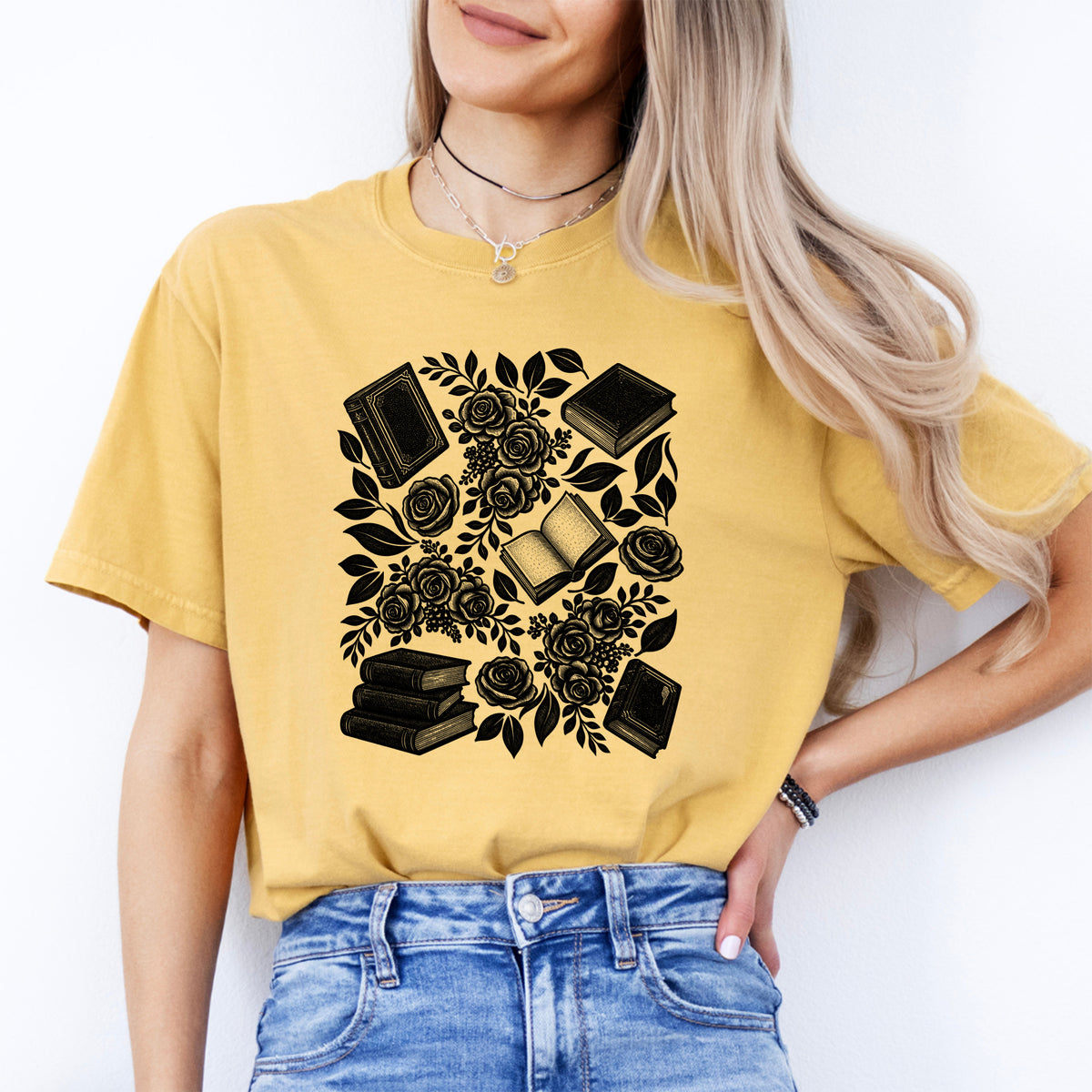 Linocut Books And Flowers Tee