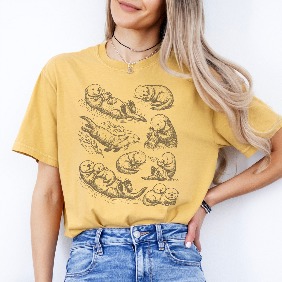 Sea Otters 90s Vintage Tattoo Style Graphic Shirt in Mustard Yellow