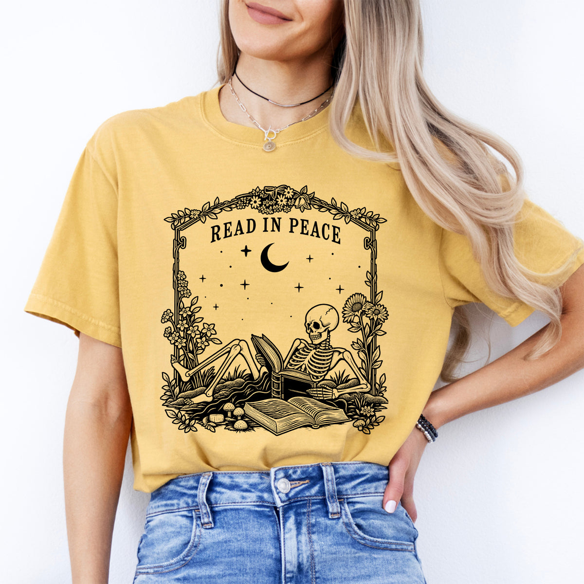 Camiseta de lectura con esqueleto «Read in Peace»