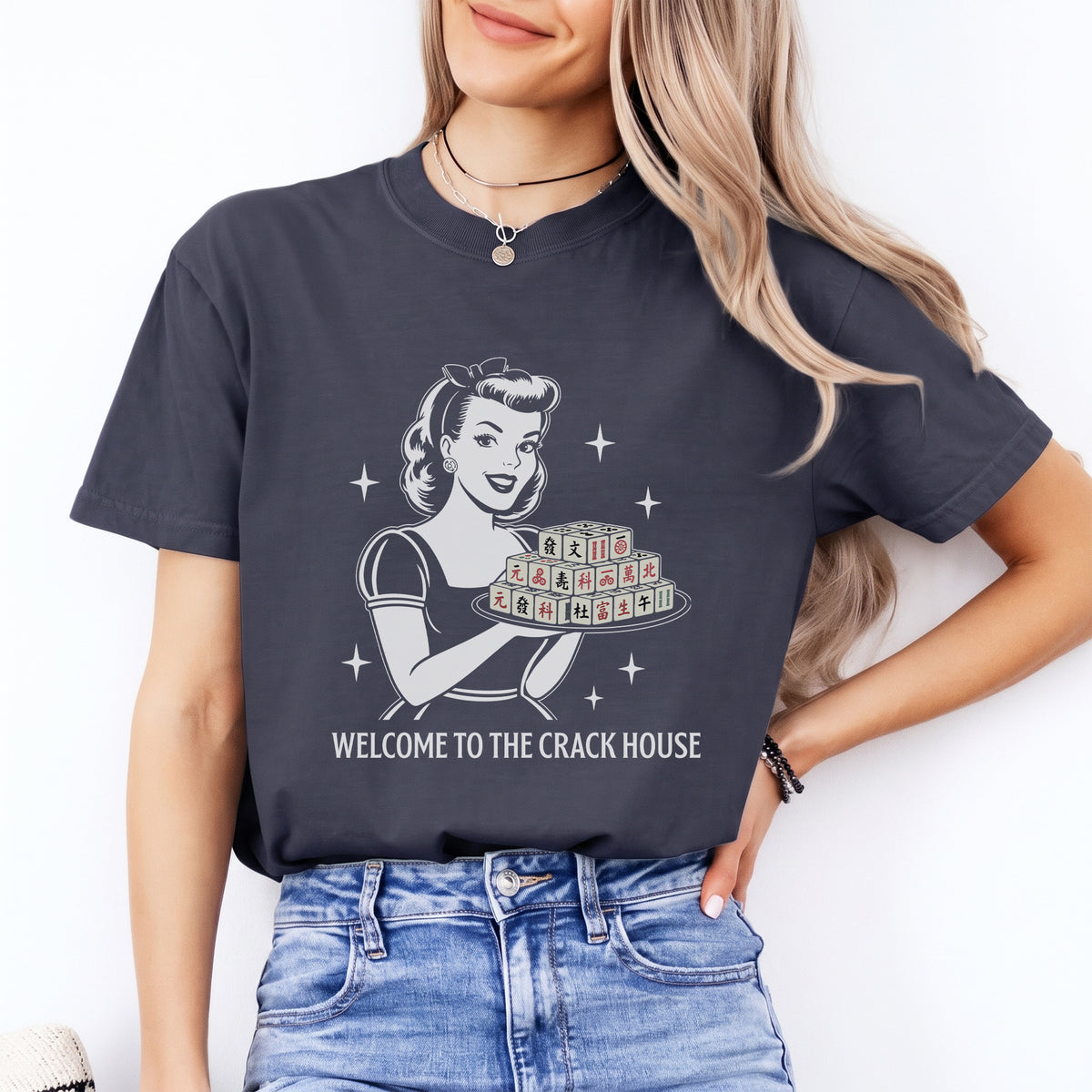 Addictive mahjong game night tee in deep navy