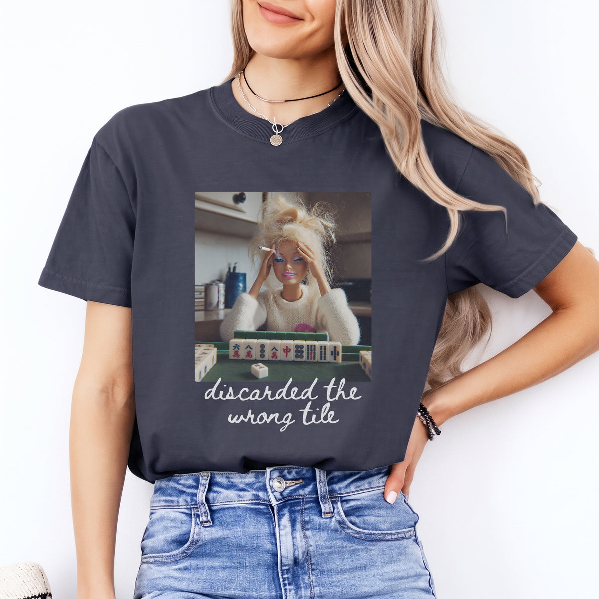 Discarded The Wrong Tile vintage humor top in classic navy