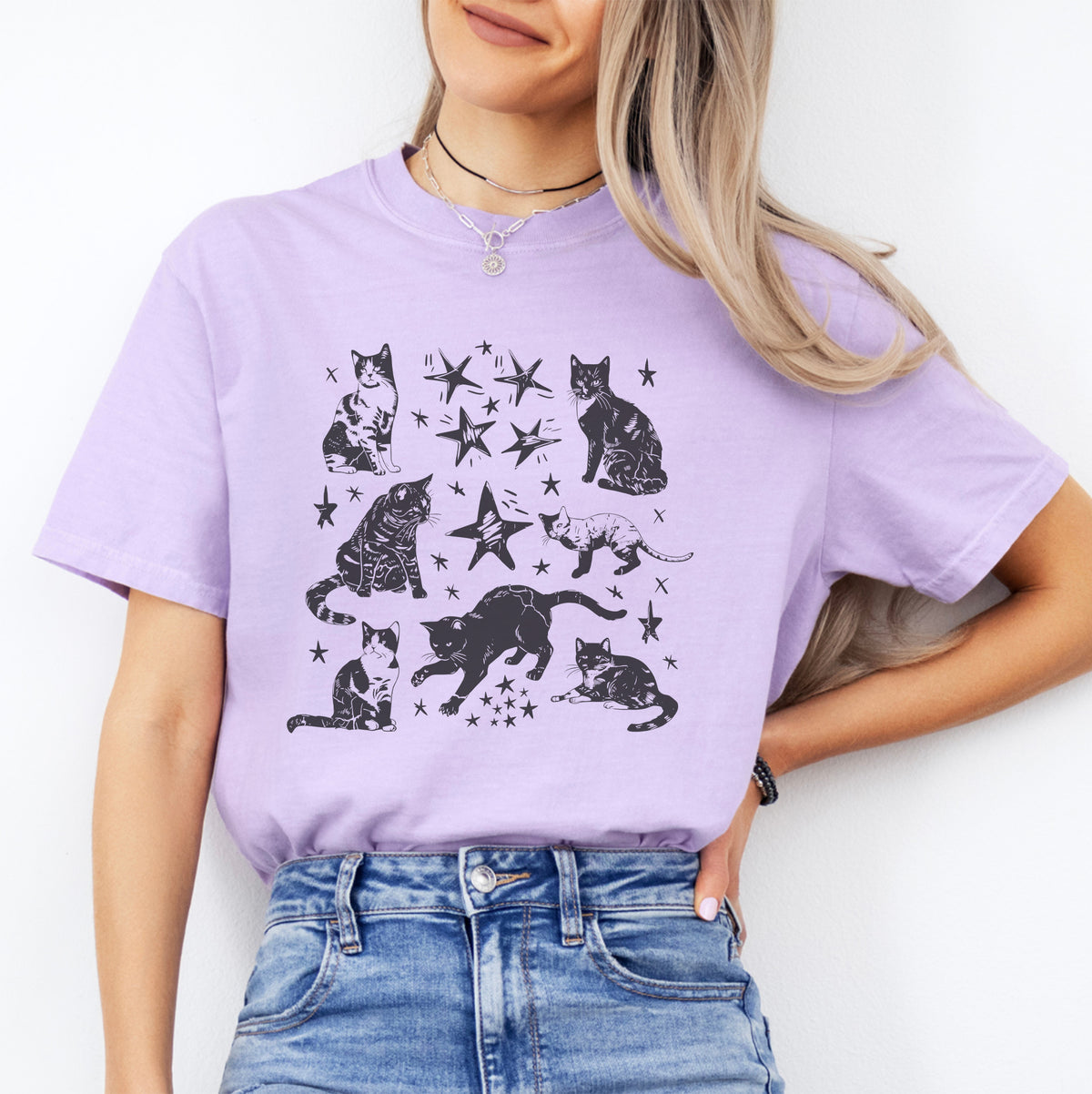 Vintage-T-Shirt mit Katzen-Sternmotiv