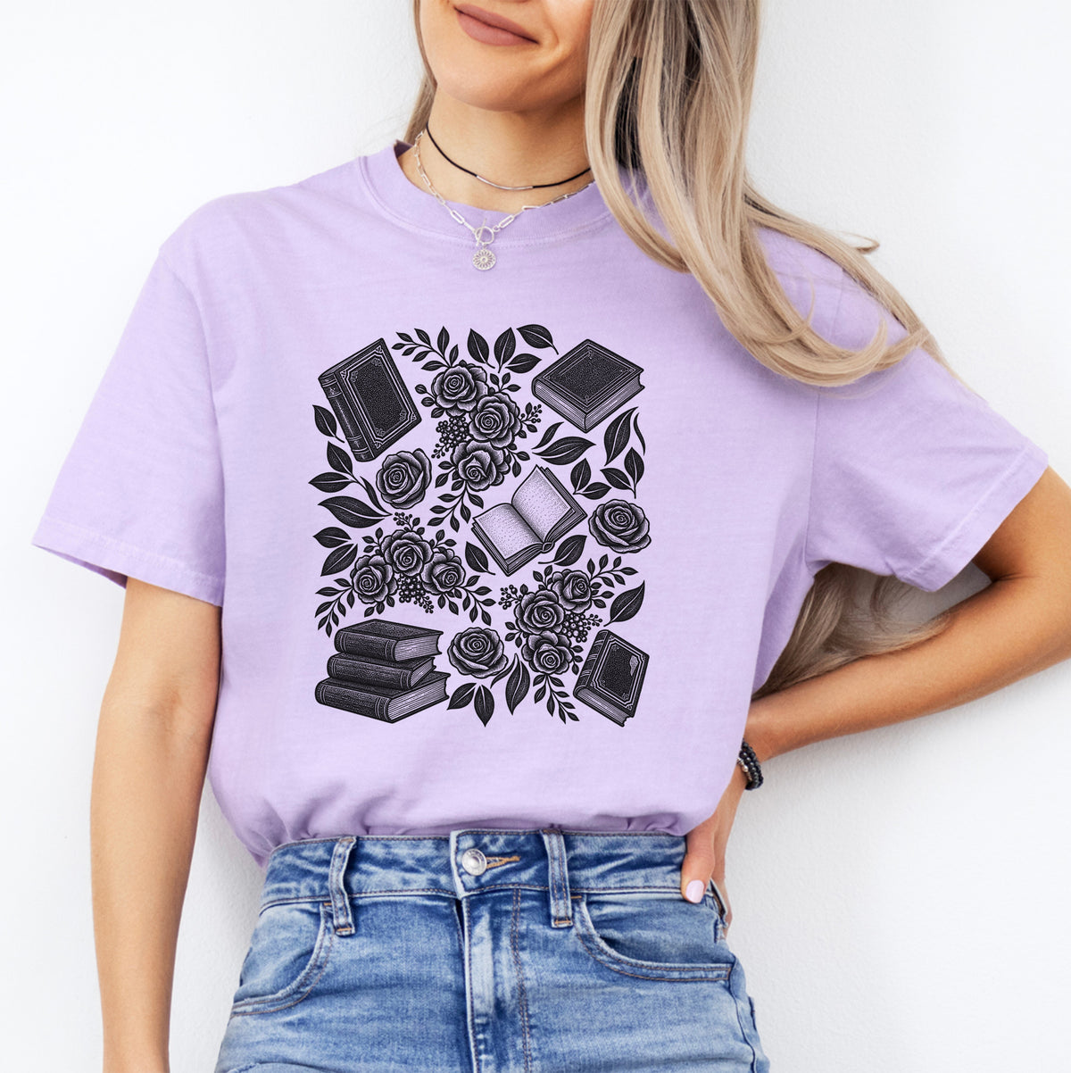 Linocut Books And Flowers Tee