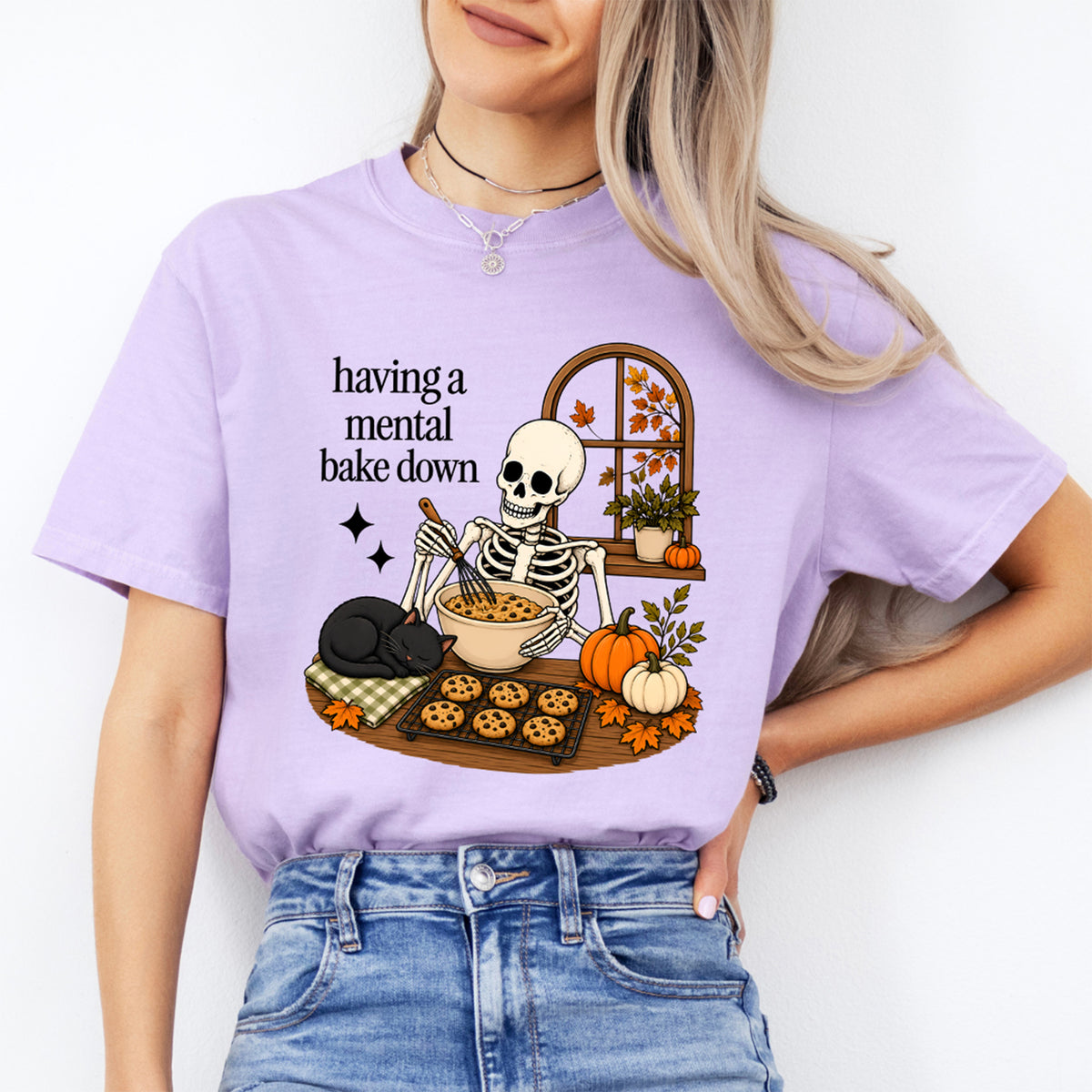 Grafik-T-Shirt mit Skelettbäcker „Having a Mental Bake Down“