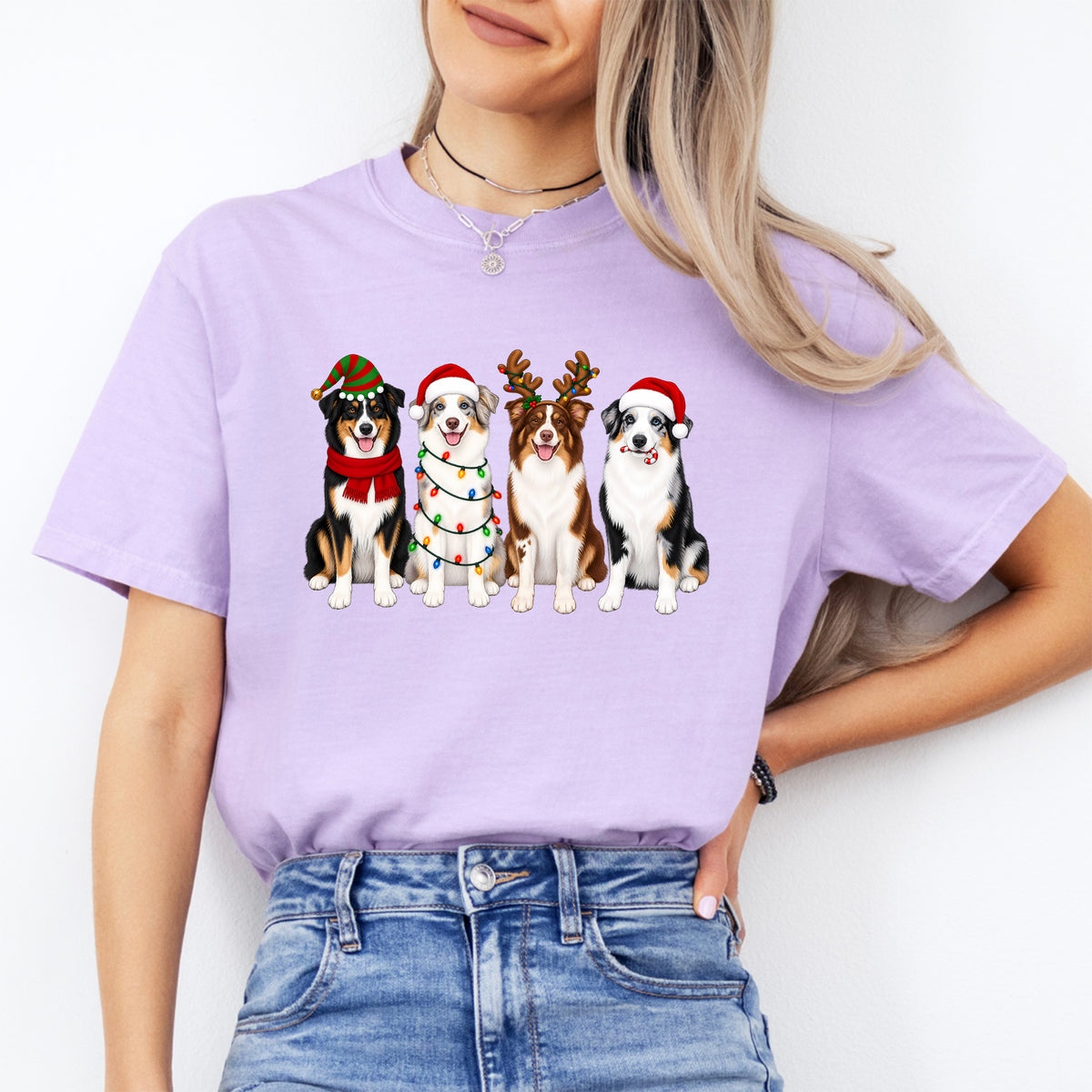 Holiday Australian Shepherds Lineup Graphic Tee – Festive Christmas Dogs Shirt