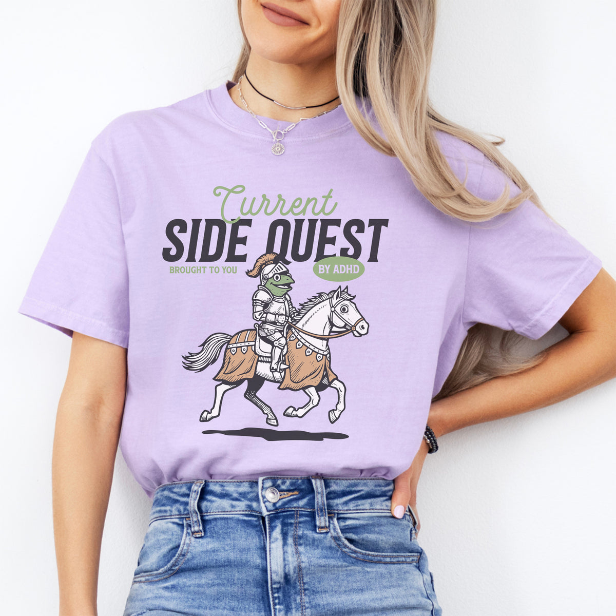 "Current Side Quest Brought To You By ADHD" – Funny Knight Graphic Tee