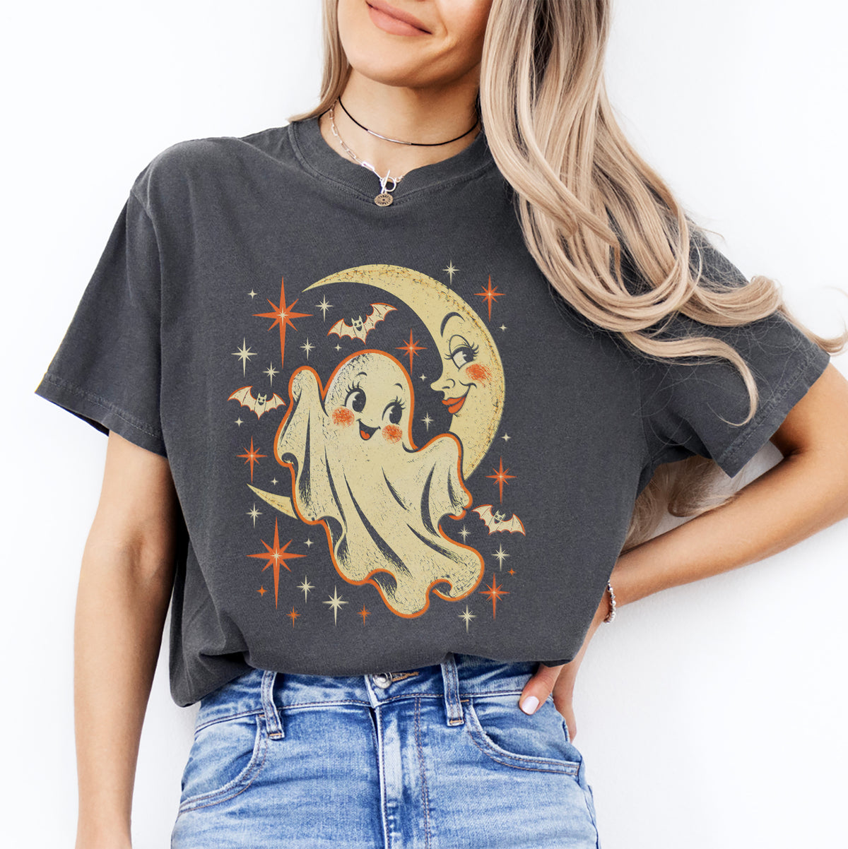 \"Retro-Gespenst und Mondsichel\" – Spooky-Celestial-Print-Top